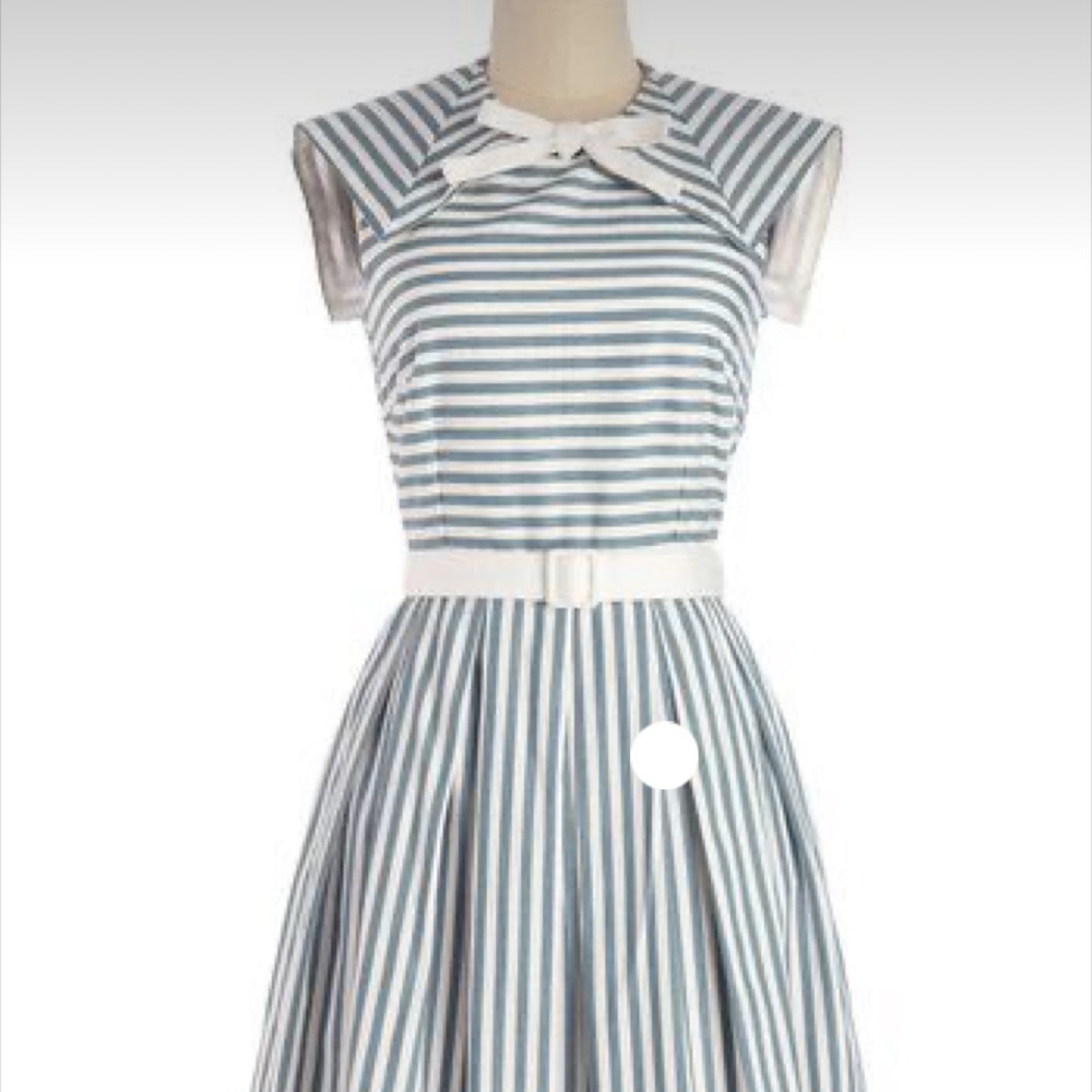 Classic Striped Midi Dress with Belt - White and Light Blue